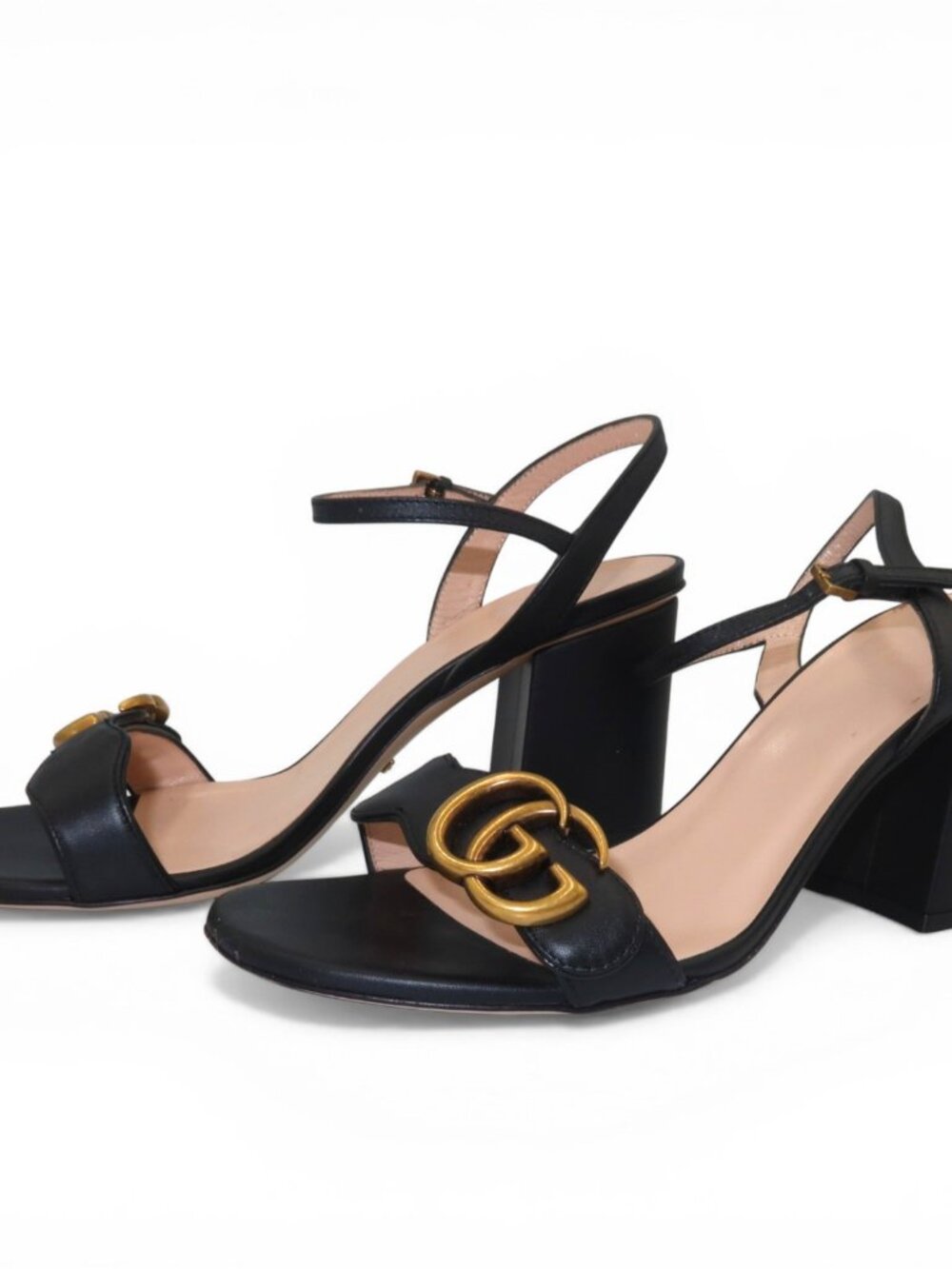 Gucci GG Marmont Ankle Strap Sandals Black Leather Block Heel Size 38 Authentic - Picture 4 of 11